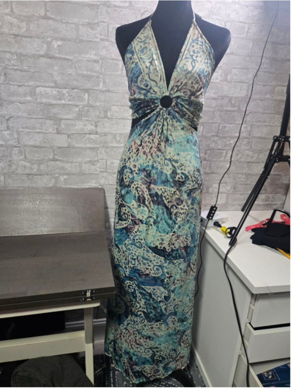 Blue and White Patterned Halter Maxi Dress Small